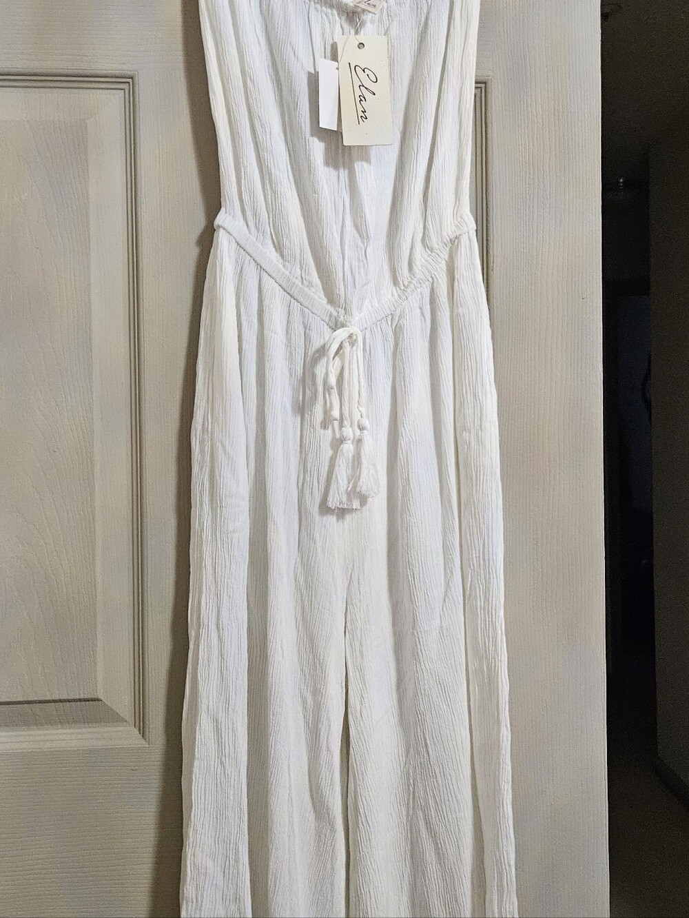 Elan White Strapless Wide-Leg Jumpsuit with Tassel Tie